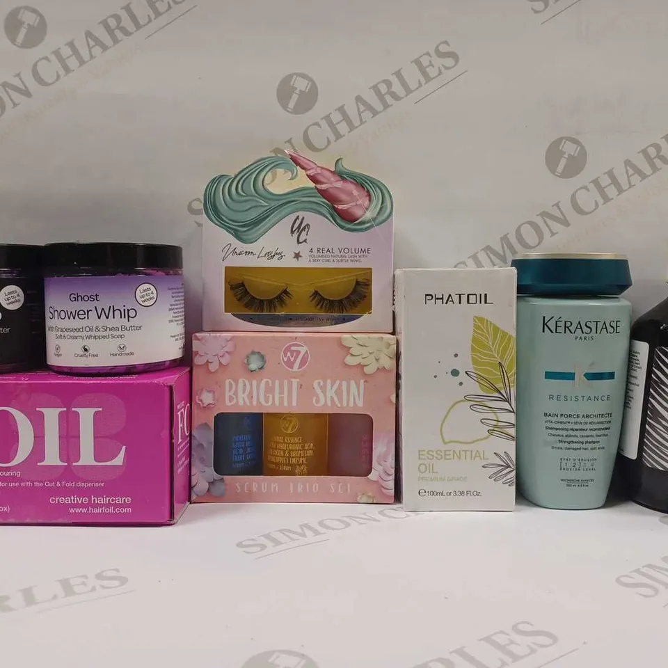 BOX OF APPROX 20 ASSORTED ITEMS TO INCLUDE - BONDI BOOST - KERASTASE RESISTANCE - PHATOIL ESSENTIAL OIL ECT