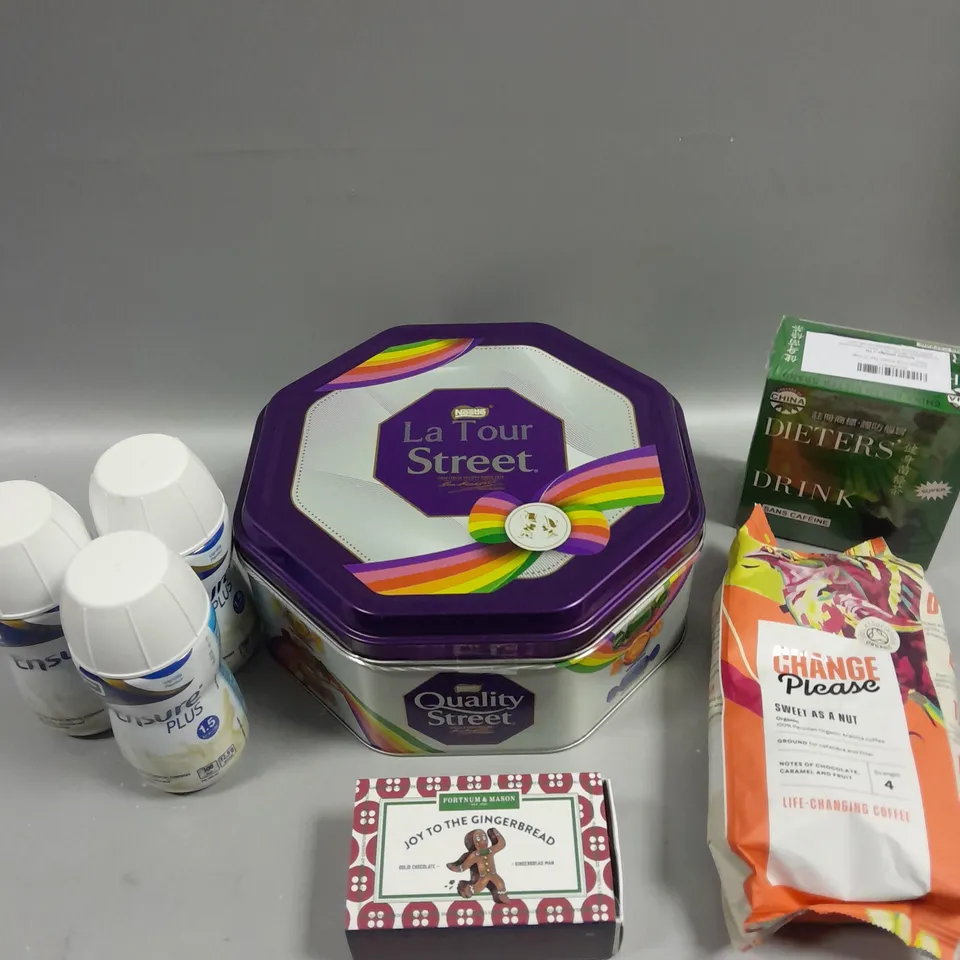 APPROXIMATELY 9 ASSORTED FOOD/DRINK PRODUCTS TO INCLUDE QUALITY STREET, FORTNUM & MASON GINGERBREAD MAN, CHANGE PLEASE COFFEE ETC 
