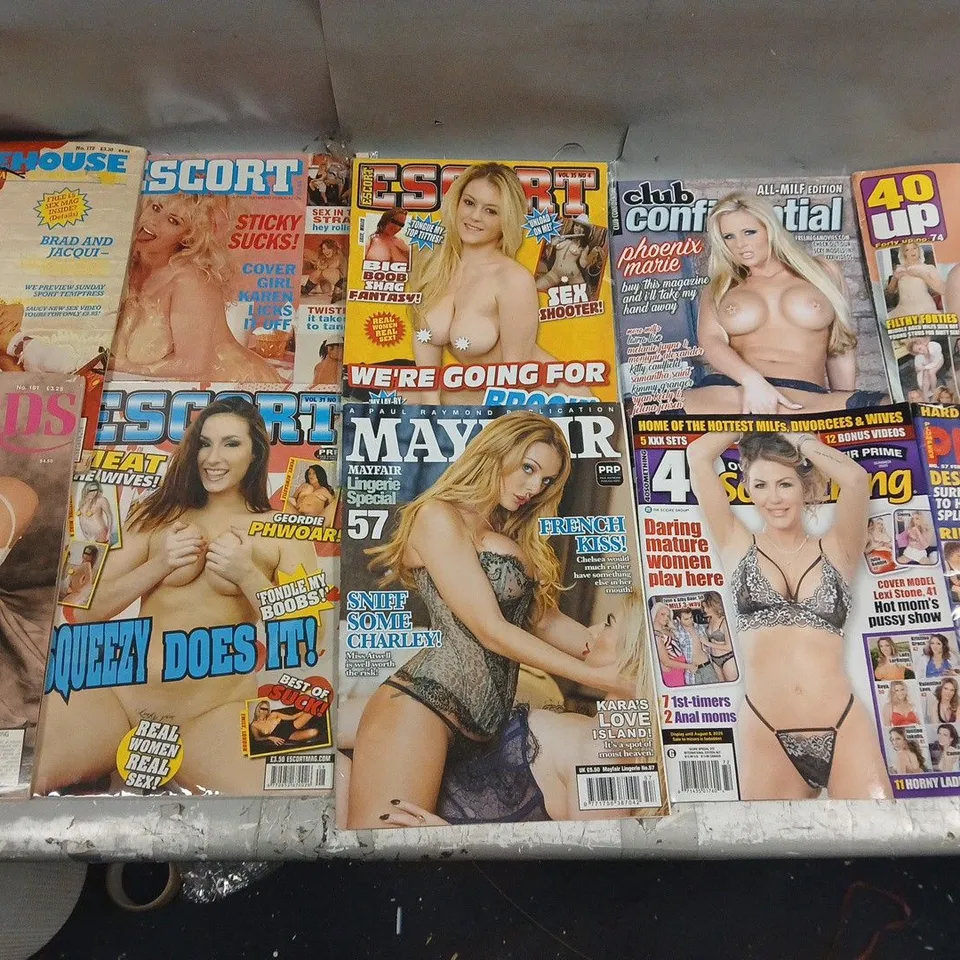 APPROXIMATELY 13 ASSORTED ADULT MAGAZINES TO INCLUDE; LOVEBIRDS, 40UP, PLUMPERS, MAYFAIR AND ESCORT
