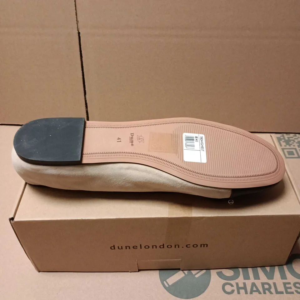 BOXED PAIR OF DUNE CARAMEL SUEDE FLEXIBLE SOLE SLIP ONS - 8