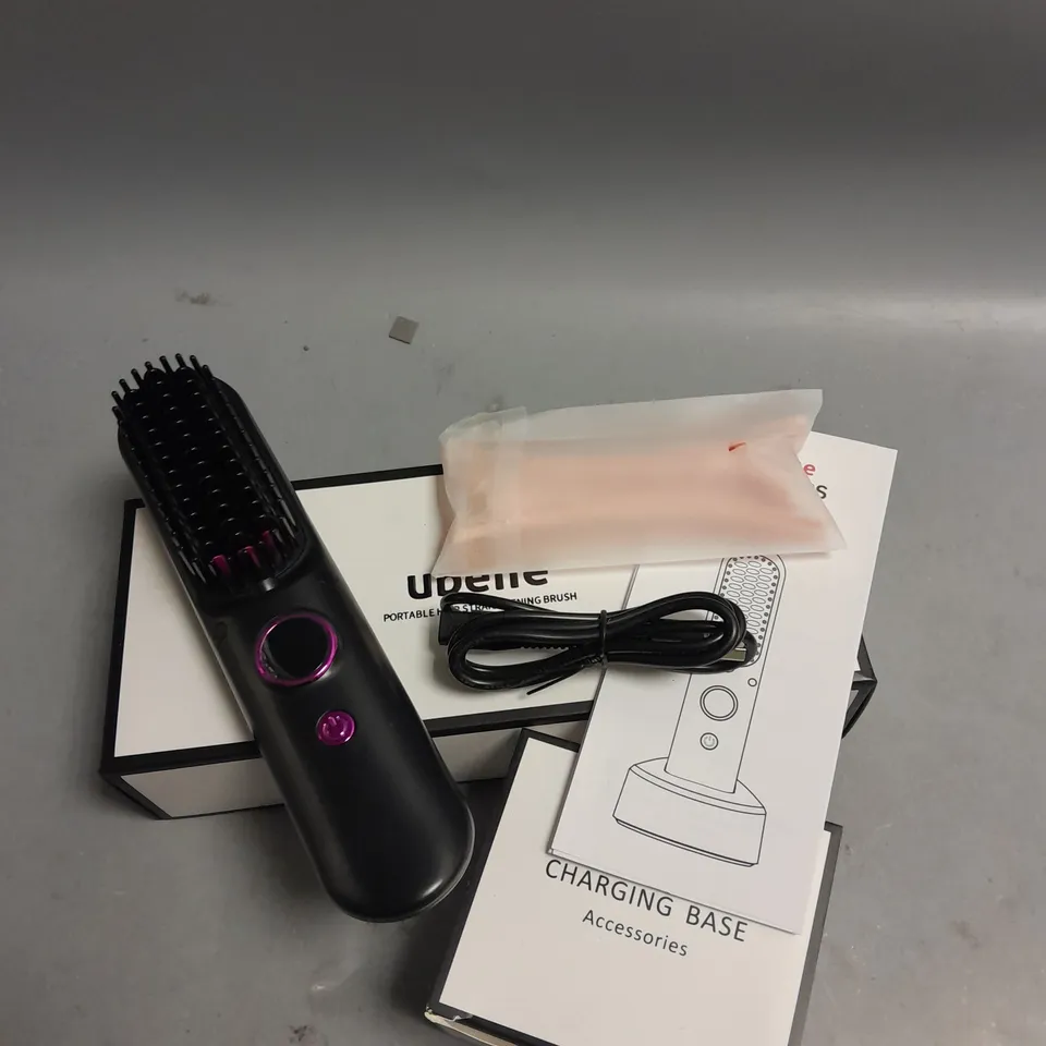 BOXED UBELLE PORTABLE HAIR STRAIGHTENING BRUSH WITH CHARGING BASE IN BLACK