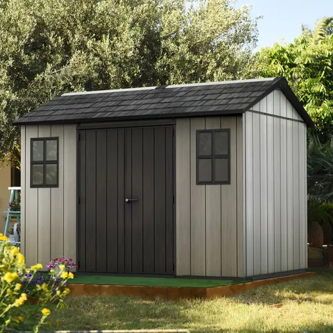 BOXED KETER OAKLAND 11FT W x 7FT D APEX OUTDOOR GARDEN SHED (3 BOXES)