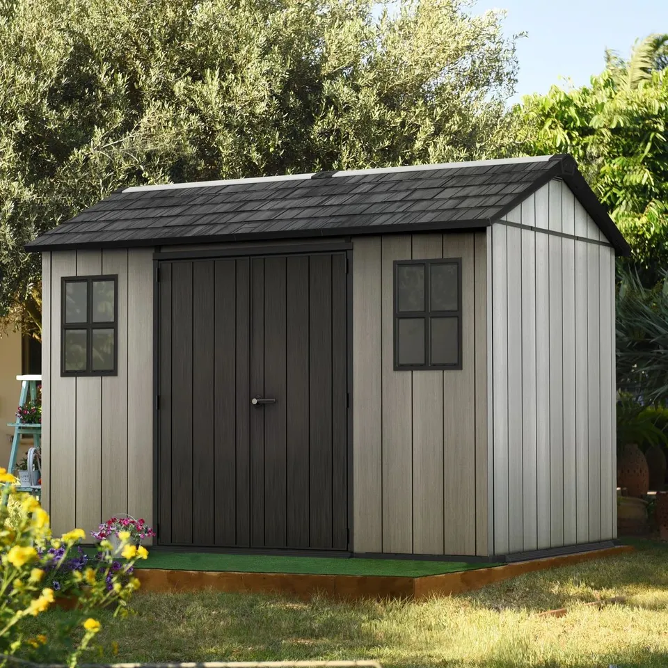 BOXED KETER OAKLAND 11FT W x 7FT D APEX OUTDOOR GARDEN SHED (3 BOXES)
