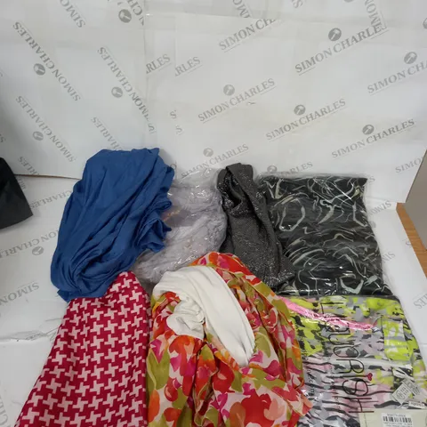 LARGE BOX OF ASSORTED CLOTHING ITEMS IN VARIOUS COLOURS AND SIZES INCLUDING TROUSERS , TOPS AND JUMPERS