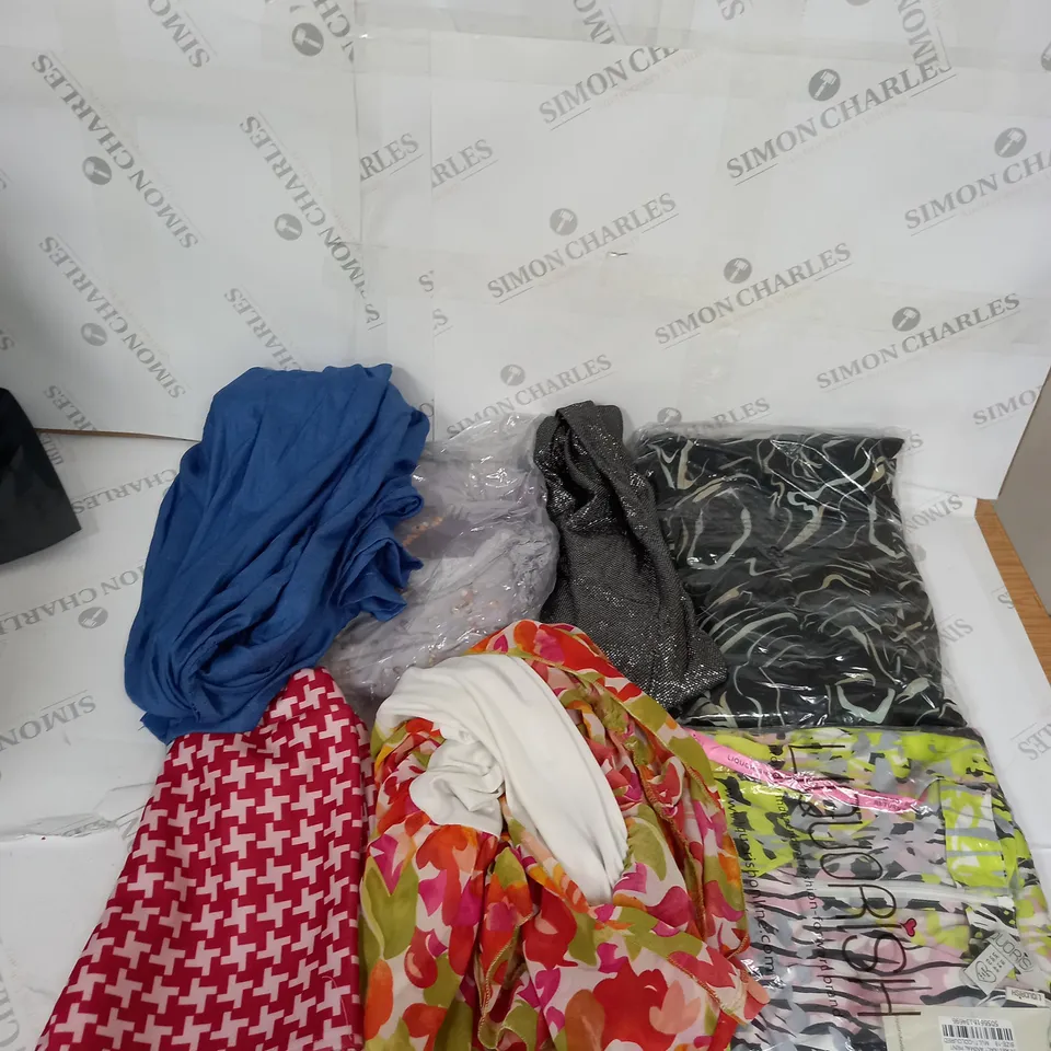 LARGE BOX OF ASSORTED CLOTHING ITEMS IN VARIOUS COLOURS AND SIZES INCLUDING TROUSERS , TOPS AND JUMPERS 