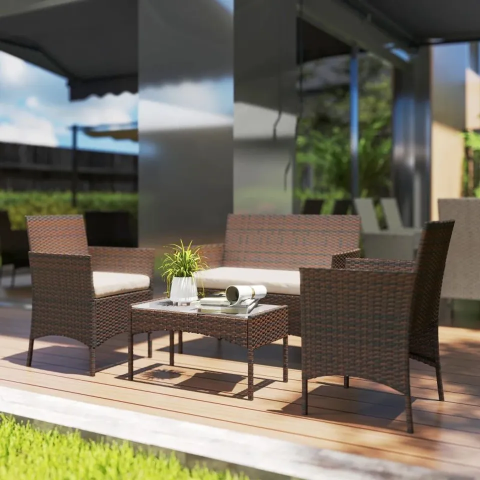 BOXED OUTSUNNY 4 SEATER BROWN RATTAN GARDEN SOFA SET WITH CUSHIONS (1 BOX) 