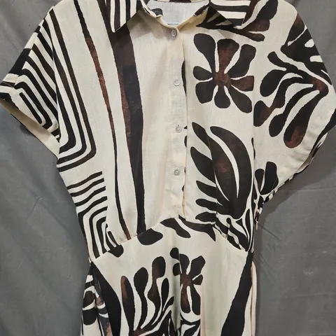 MNG BY MANGO WOMEN'S PRINTED SHIRT IN BEIGE/BLACK TROPICAL PATTERN & BUTTON-FRONT - SIZE M