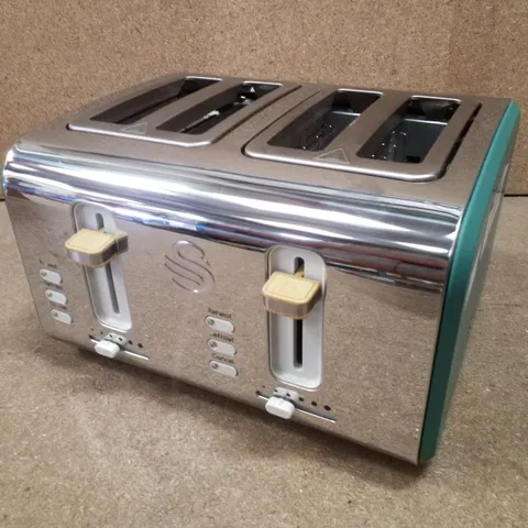BOXED SWAN NORDIC 4 SLICE TOASTER WITH 6 BROWNING LEVELS, DEFROST/REHEAT/CANCEL, REMOVABLE CRUMB TRAYS, CORD STORAGE, 1500W, GREEN
