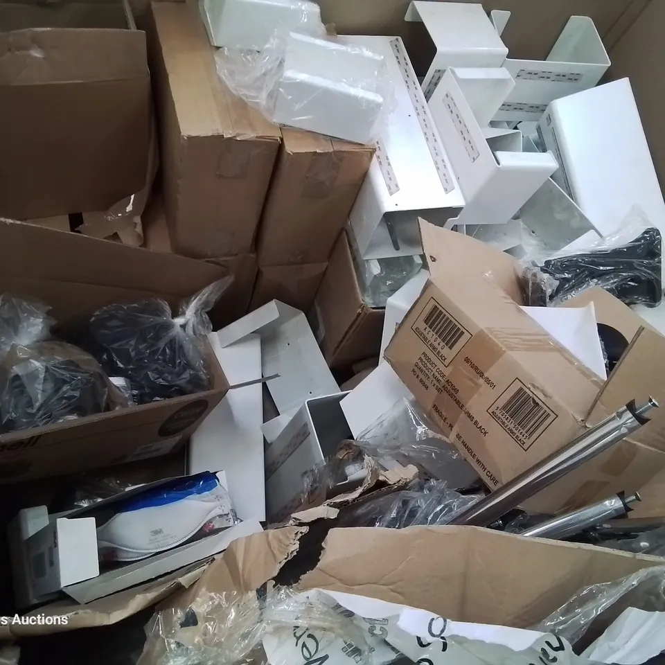 PALLET OF ASSORTED DISPENCERS, BATTERY & CHARGER, BOXED ADJUSTABLE CHAIR ARMS BLACK,