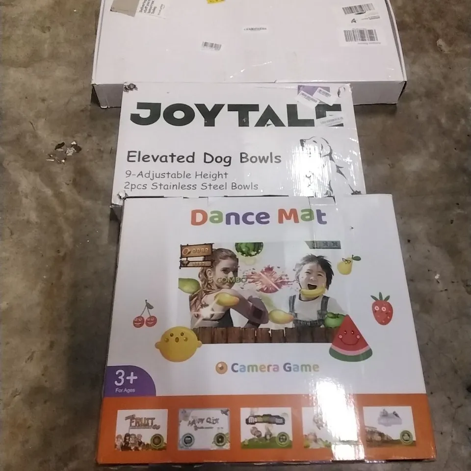 PALLET OF HOUSEHOLD ITEMS TO INCLUDE SHOWER SYSTEM, ELEVATED DOG BOWLS, DANCE MAT, VIBRATION PLATE EXCERISE MACHINE AND OTHER ASSORTED ITEMS...