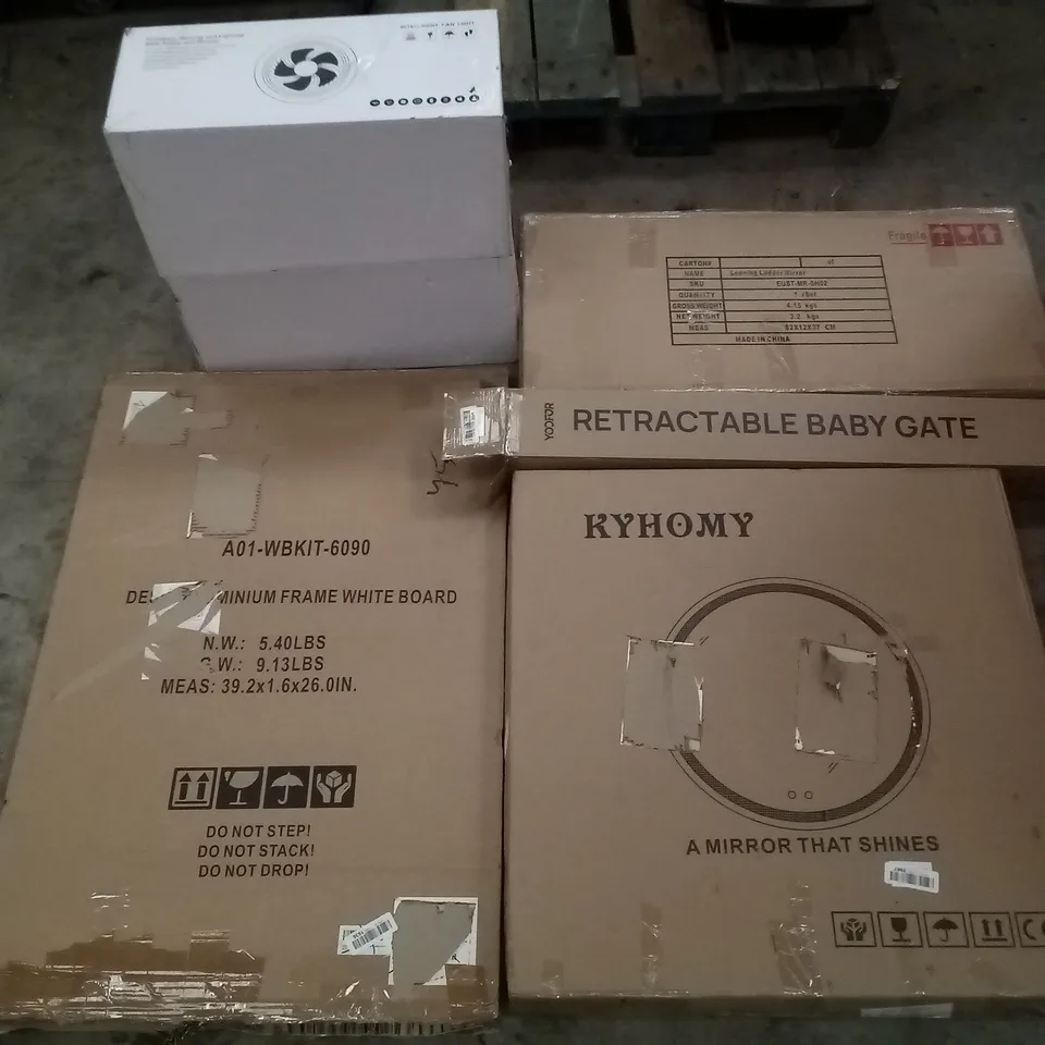 PALLET OF ASSORTED ITEMS INCLUDING ALUMINIUM FRAME WHITE BOARD, INTELLIGENT FAN LIGHT, LEANING LADDER MIRROR, GOOD RETRACTABLE BABY GATE, ROUND LED MIRROR 
