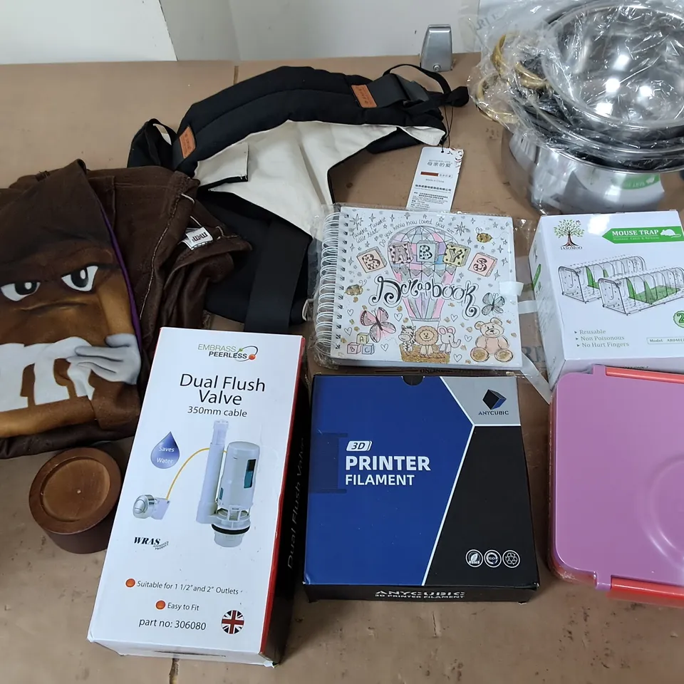 APROXIMATELY 15 ASSORTED HOUSEHOLD ITEMS TO INCLUDE MOUSETRAPS, COOKING POTS, AND DUAL FLUSH VALVE ETC. 