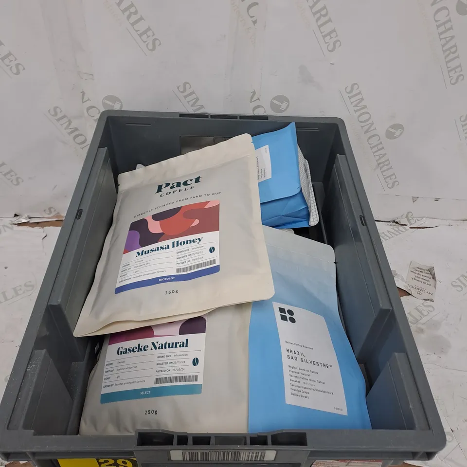 GROUP OF ASSORTED COFFEE ITEMS TO INCLUDE PACT COFFEE , BRAZIL COFFEE , ETC 