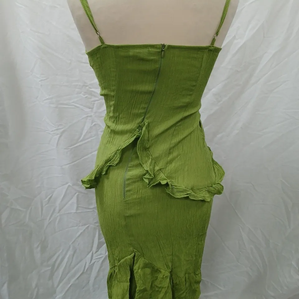 PRETTYLITTLETHING FRILL PLEATED MIDAXI DRESS, GREEN - SIZE 10 