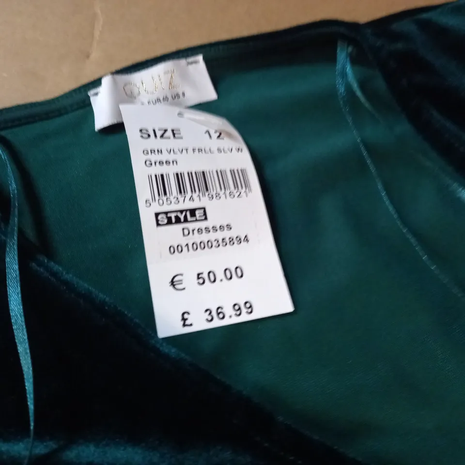 QUIZ GREEN VELVET FRILL SLEEVE DRESS - 12