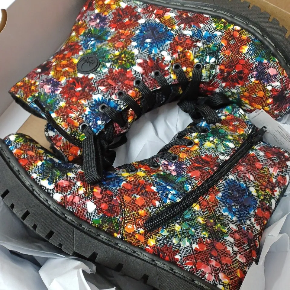 BOXED RIEKER MULTI COLOUR LACE UP BOOTS, MULTI COLOUR - SIZE 6