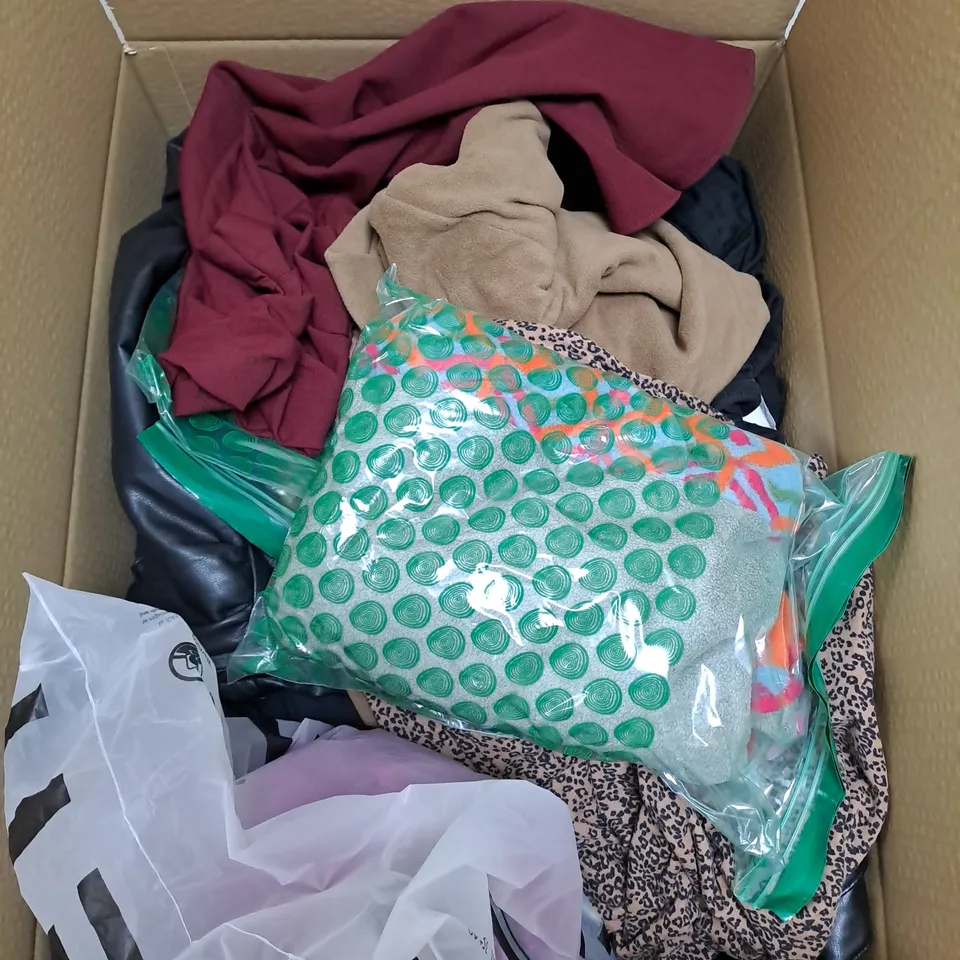 BOX OF ASSORTED CLOTHING ITEMS TOO INCLUDE JUMPERS, SHIRTS AND TROUSERS IN VARIOUS SIZES AND COLOURS   