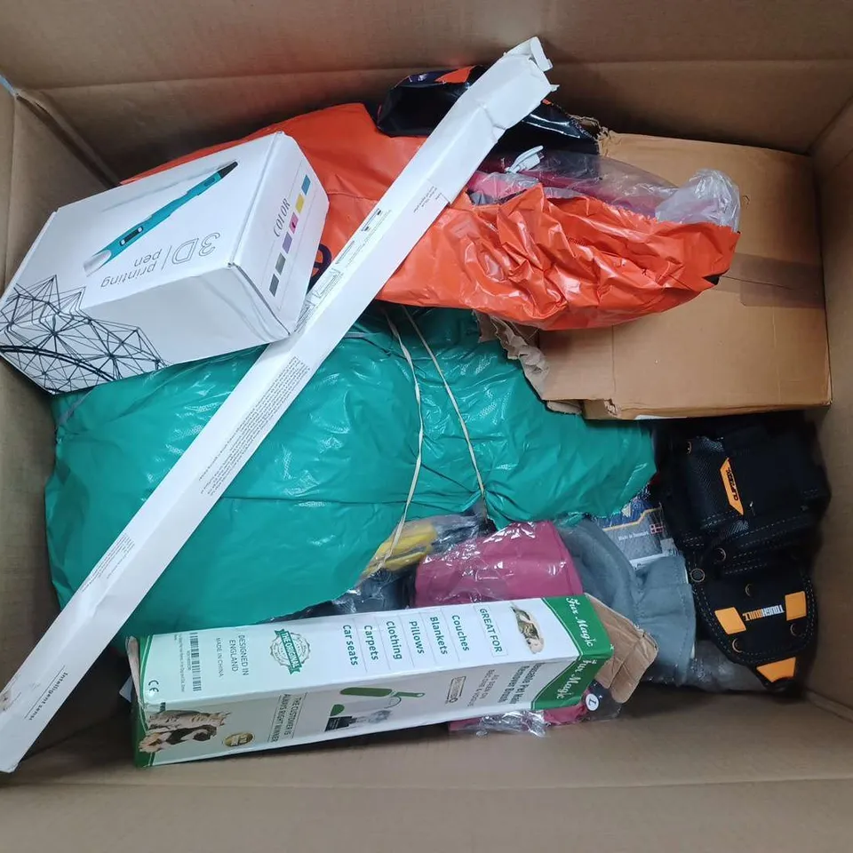 APPROXIMATELY 15 ASSORTED HOUSEHOLD ITEMS TO INCLUDE FLASHBAND SELF-ADHESIVE FLASHING TAPE, CHRISTMAS GIFTWRAP, ANIMAL COAT, ETC