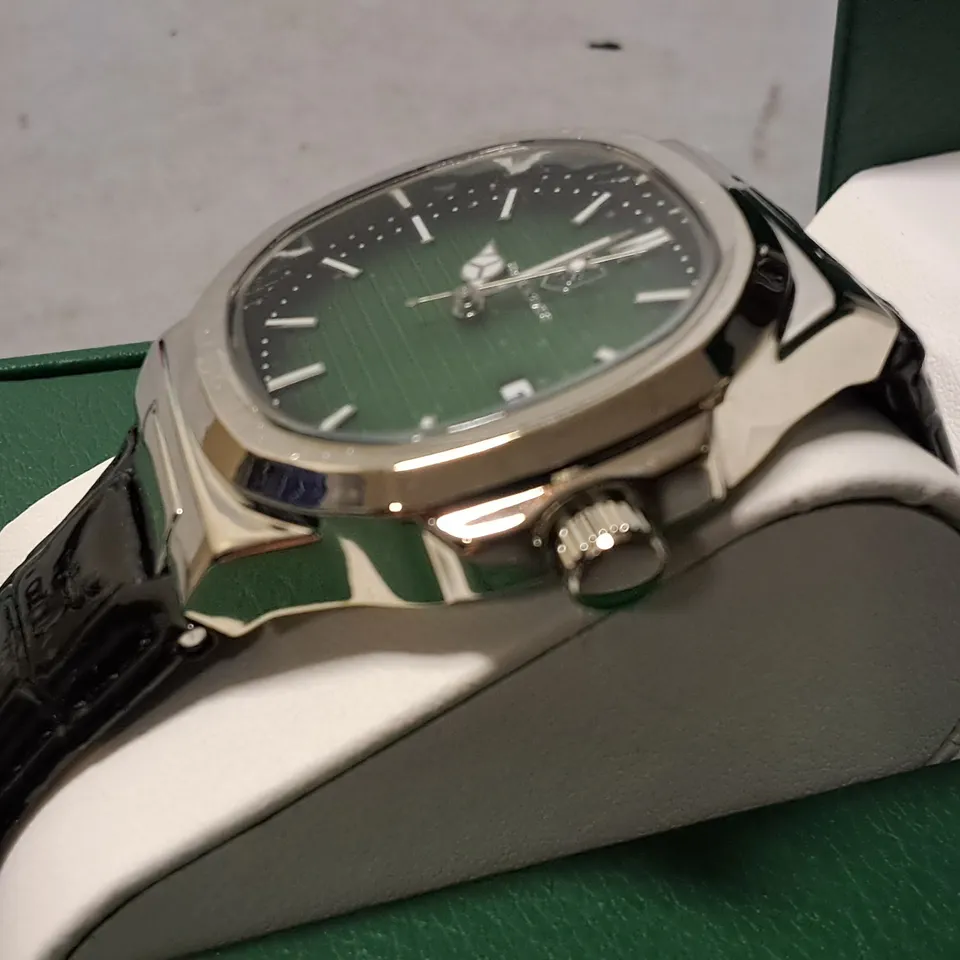 FRANK SCHMIDT STAINLESS STEEL GREEN FACED GENTS WATCH WITH BLACK LEATHER STRAP 