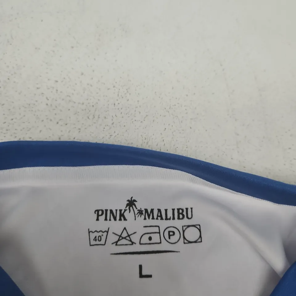 PINK MALIBU ENGLAND FOOTBALL JERSEY – WHITE WITH BLUE TRIM, SIZE L