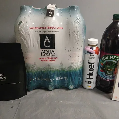 TOTE OF APPROX 12 ASSORTED FOOD ITEMS TO INCLUDE - HUEL BERRY ,AQUA CARPATICA , AIR UP CASSIS ETC 