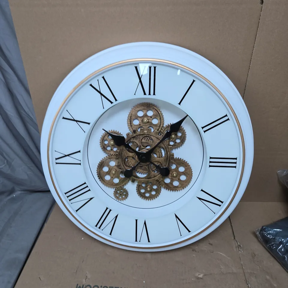 ROUND WALL CLOCK WITH EXPOSED GEARS – WHITE FRAME (SKELETON CLOCK)