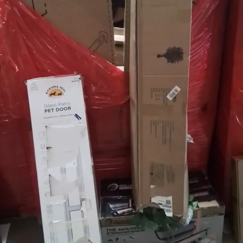 PALLET OF ASSORTED HOUSEHOLD GOODS AND PRODUCTS TO INCLUDE;PAINT ROLLER SET,ARTIFICIAL TREE,GLASS PANEL PATIO 