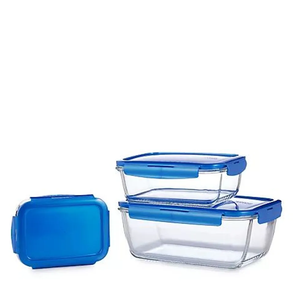 LOCK & LOCK 3 PIECE NESTABLE GLASS RECTANGLE SET IN DENIM BLUE
