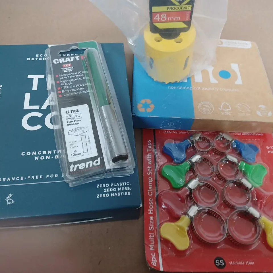 BOX OF ASSORTED HOUSE HOLD ITEMS TO INCLUDE THE LAB CO - DRILL BITS - FISHING LINES AND WEIGHTS