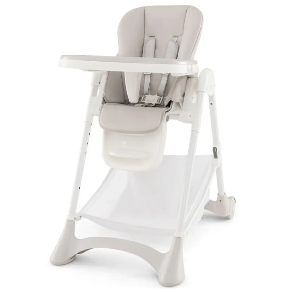 BOXED BABY HIGH CHAIR WITH DETACHABLE PU CUSHION AND LOCKABLE WHEELS - BEIGE