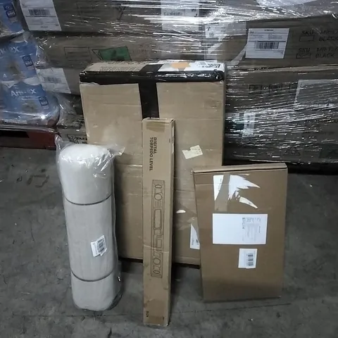 PALLET OF HOUSEHOLD ITEMS TO INCLUDE STRING LIGHTS, DIGITAL TORPEDO LEVEL, CYLINDER NECK AND HEAD PILLOW  AND OTHER ASSORTED ITEMS...