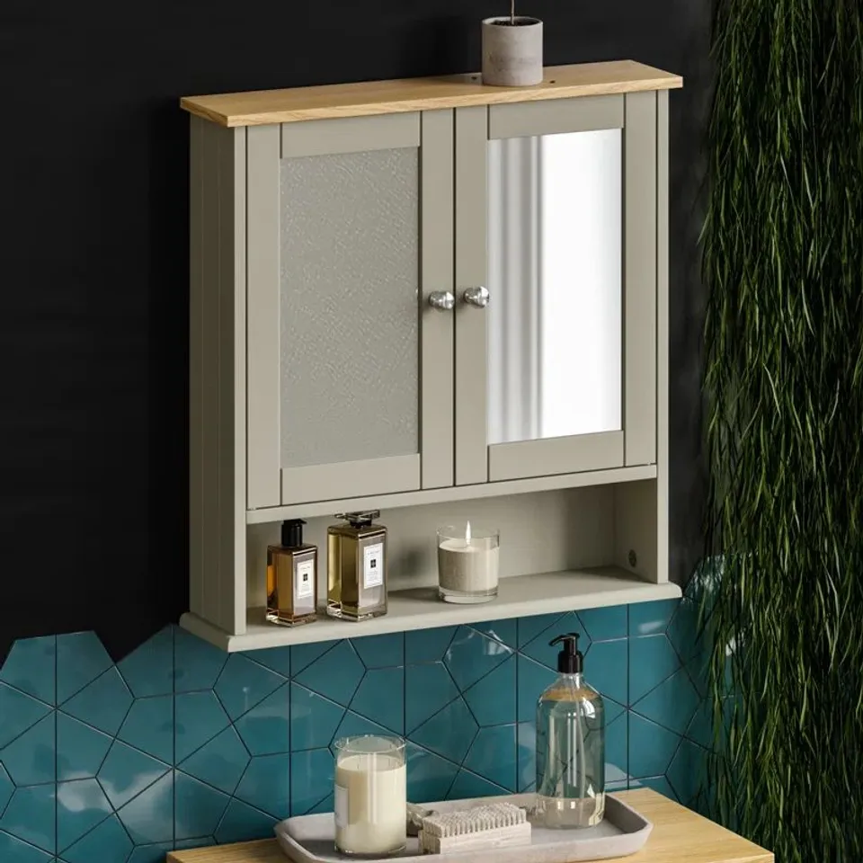 BOXED MILANO 58 X 58cm MIRRORED WALL MOUNTED CABINET - GREY/OAK (1 BOX)