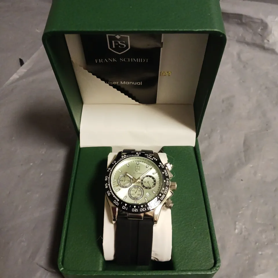 FRANK SCMIDT GENTS CHRONOGRAPH WATCH WITH STAINLESS STEEL BACK AND BLACK RUBBER STRAP IN BOX