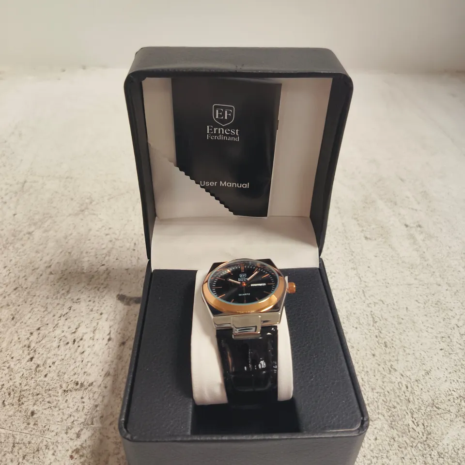 ERNEST FERDINAND MEN'S WRISTWATCH – BLACK DIAL, ROSE GOLD BEZEL, LEATHER STRAP