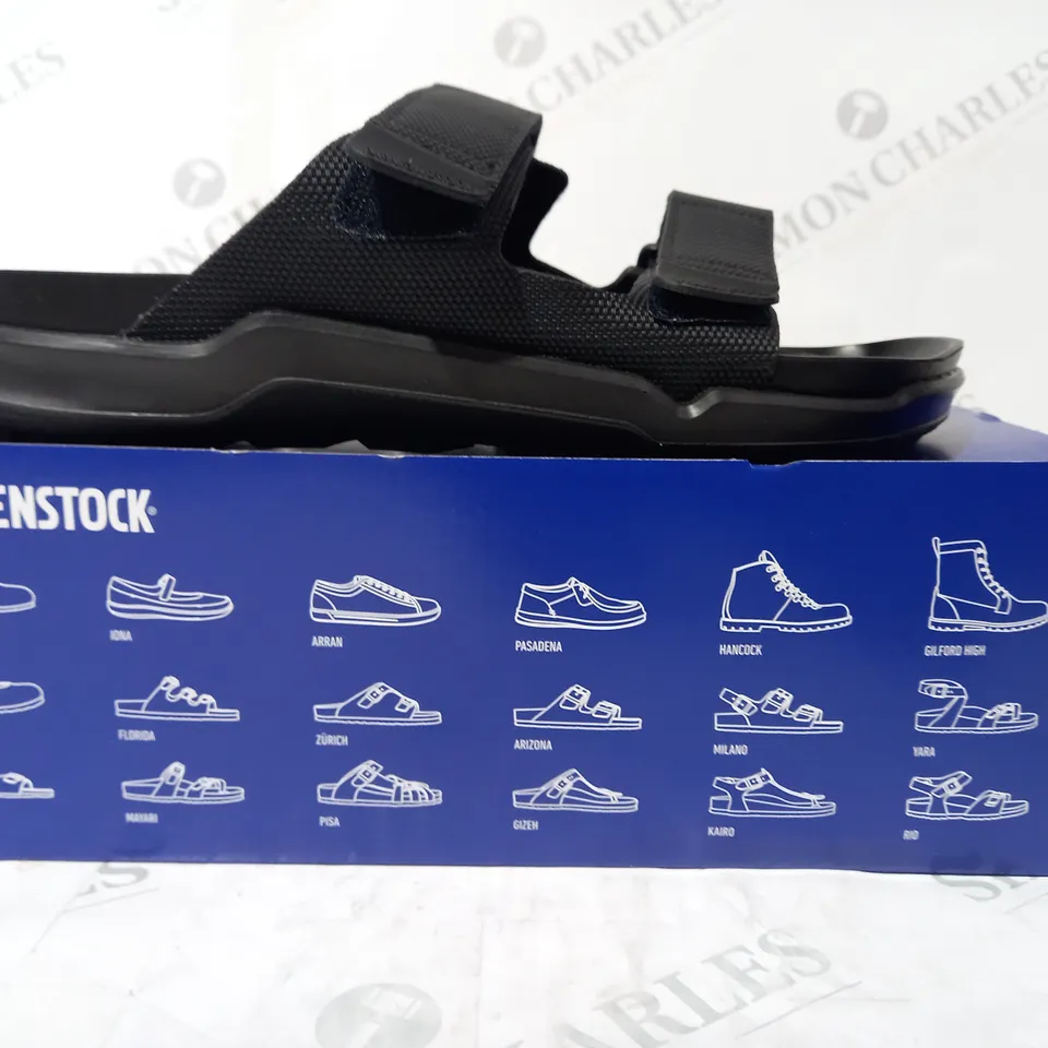 BOXED PAIR OF BIRKENSTOCK ATACAMA OPEN TOE SANDALS IN BLACK UK SIZE 7.5