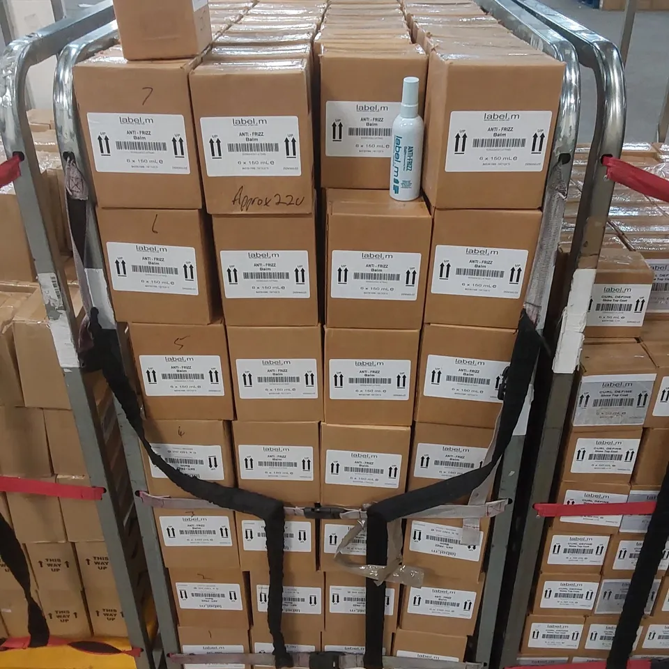 CAGE TO CONTAIN APPROX 220 X BOXES OF LABEL.M ANTI-FRIZZ HAIR BALM - 6 X 150ml PER BOX // CAGE NOT INCLUDED 