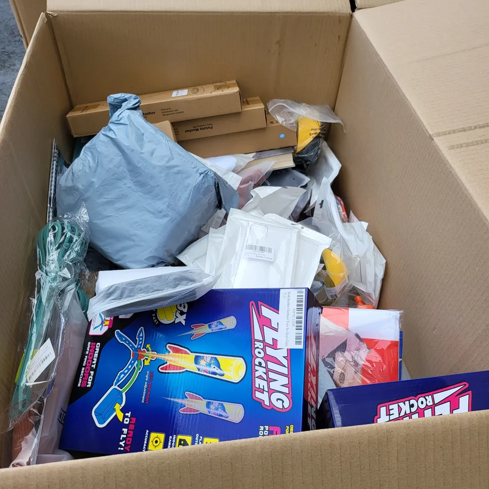 PALLET OF 6 LARGE BOXES OF A SIGNIFICANT QUANTITY OF ASSORTED ITEMS TO INCLUDE FLYING ROCKET, ROSE IN GLASS DECORATION, ULTRA VIBES JAPANESE INSPIRED SOLAR GARDENS LED LIGHTS, POTATO MASHED, ETC
