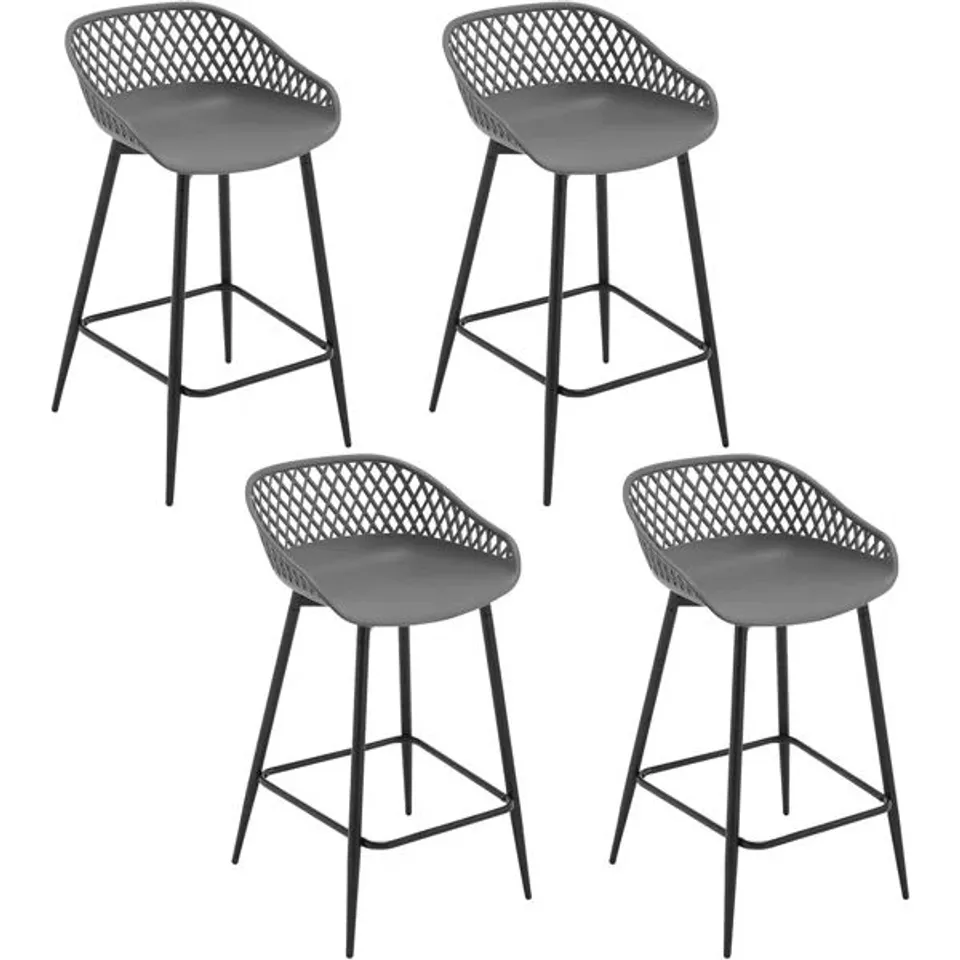 BOXED BAR STOOL SET OF 4, BAR STOOL WITH HOLLOW BACKREST, KITCHEN CHAIR WITH WIDE SEAT, BISTRO CHAIR WITH FOOTREST, STOOL WITH METAL LEGS, OUTDOOR BAR TERRACE, MADE OF PP PLASTIC - GREY (2 BOXES)