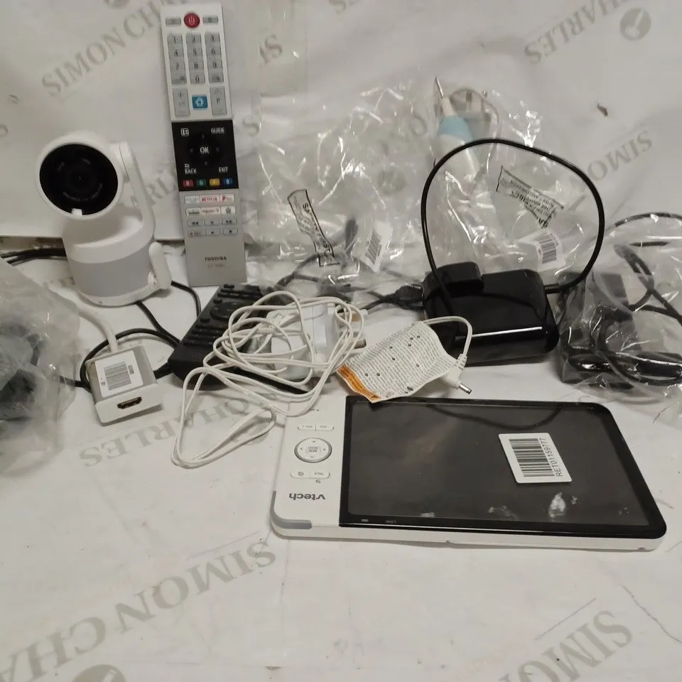 BOX TO CONTAIN APPROX. 10 X ASSORTED TECH PRODUCTS, INCLUDES CHARGING CABLES, BABY MONITORING CAMERA & MONITOR, REMOTES ETC 