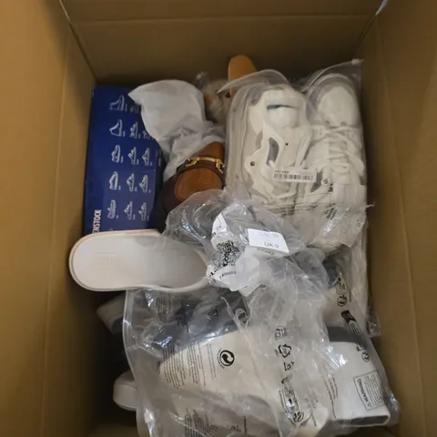 BOX OF APPROXIMATELY 12 PAIRS OF ASSORTED SHOES IN VARIOUS COLOUR, STYLES AND SIZES