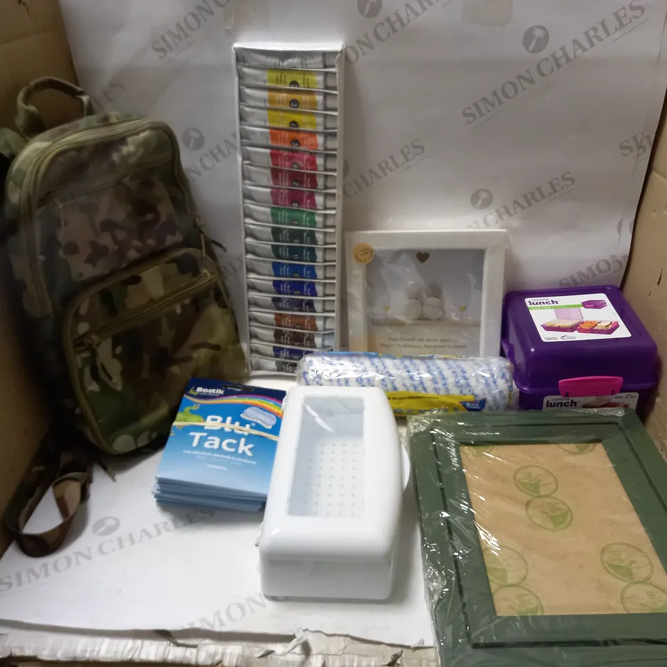 LOT OF ASSORTED HOUSEHOLD ITEMS TO INCLUDE ACRYLIC PAINTS, PHOTO FRAMES AND BLANK CANVAS'S