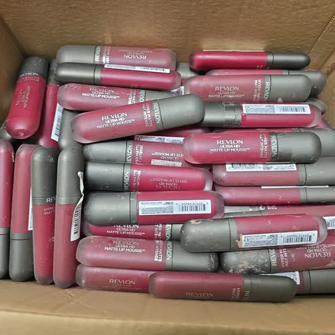 BOX OF APPROXIMATELY 25 ASSORTED REVLON HYPER MATTE MAT INTENSE LIP MOUSE 