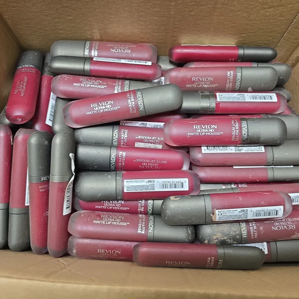 BOX OF APPROXIMATELY 25 ASSORTED REVLON HYPER MATTE MAT INTENSE LIP MOUSE 