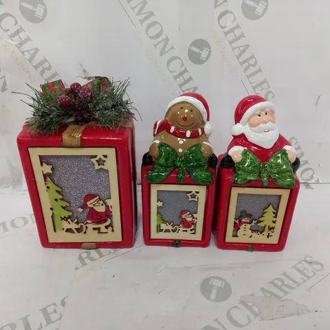 BOXED SET OF 3 CHRISTMAS PRE LIT CERAMIC ORNIMENTS