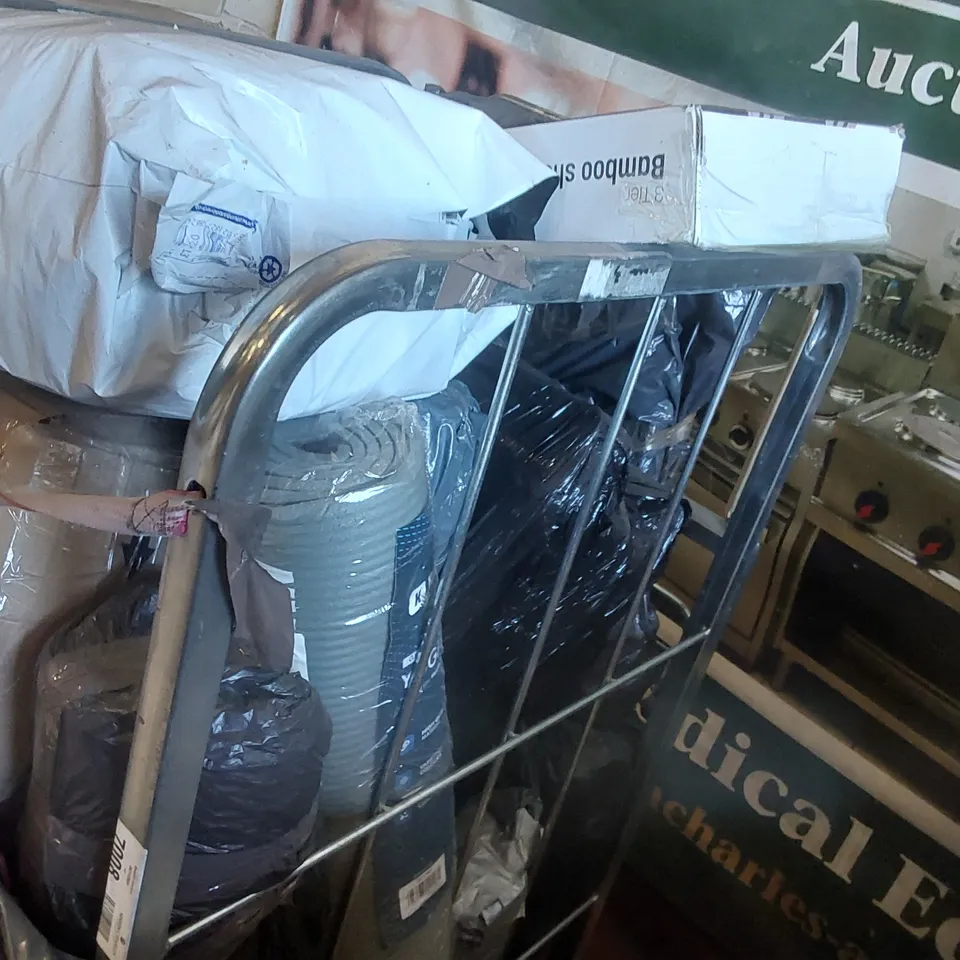 CAGE CONTAINING A LARGE QUANTITY OF ASSORTED ITEMS INCLUDING: BAMBOO SHOE RACK, YOGA MAT ECT // CAGE NOT INCLUDED 