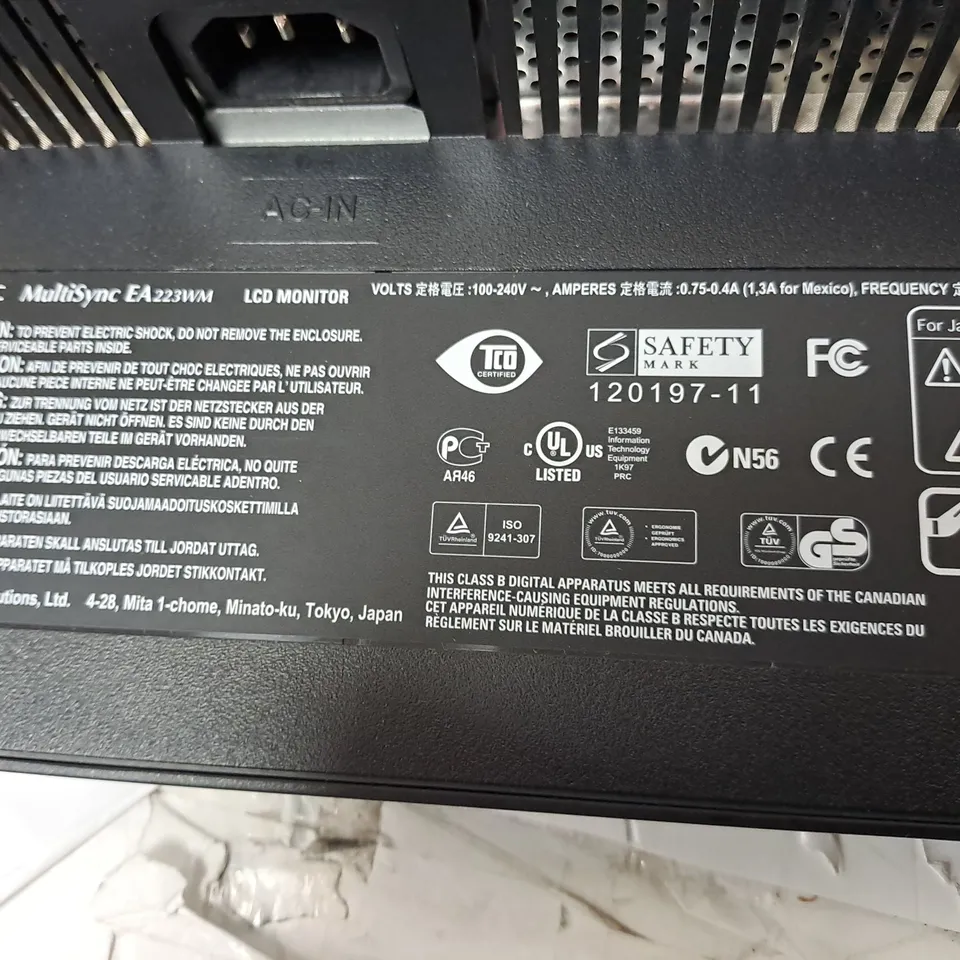 NEC MULTI SYNCH LCD MONITOR MODEL EA223WM-BK SERIAL #3Y195344TB 