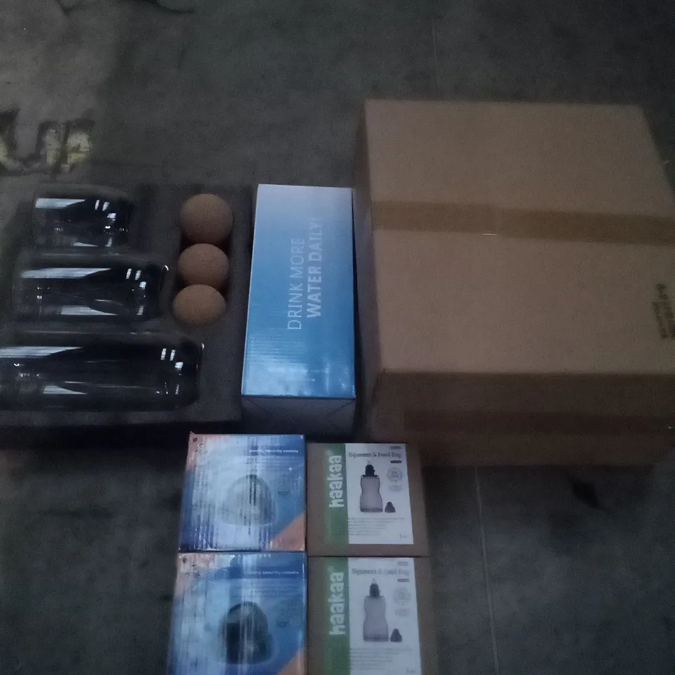 PALLET OF ASSORTED ITEMS INCLUDING BOXED GLASS JARS , FEED BAGS , DUMMY SECURITY CAMERAS , ETC 