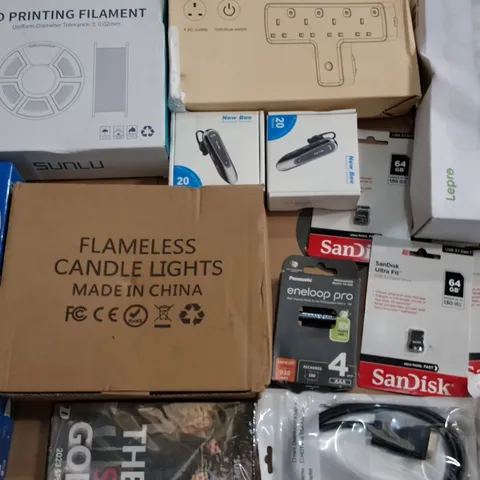 LARGE QUANTITY OF ASSORTED ITEMS TO INCLUDE FLAMELESS CANDLE LIGHTS, SANDISK FLASH DRIVES AND 3D PRINTING FILAMENT 