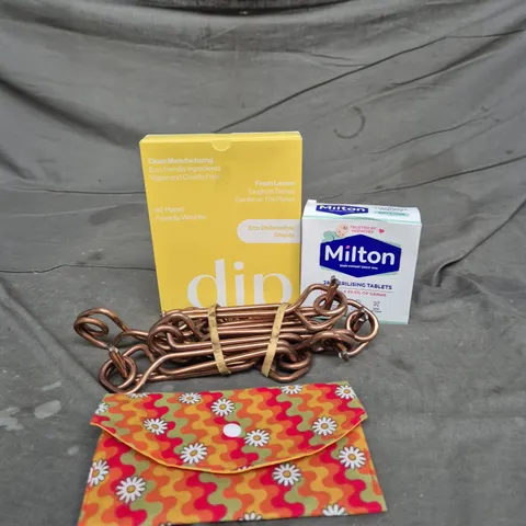 APPROXIMATELY 15 ASSORTED HOUSEHOLD ITEMS TO INCLUDE DIP DISHWASHER SHEETS - MILTON STERILISING TABLETS AND MOLE TRAPS
