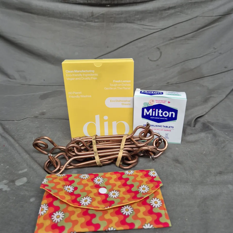 APPROXIMATELY 15 ASSORTED HOUSEHOLD ITEMS TO INCLUDE DIP DISHWASHER SHEETS - MILTON STERILISING TABLETS AND MOLE TRAPS